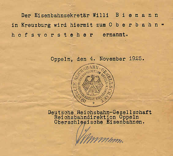 Ernennung zum Oberbahnhofsvorsteher Kreuzburg OS, 1925